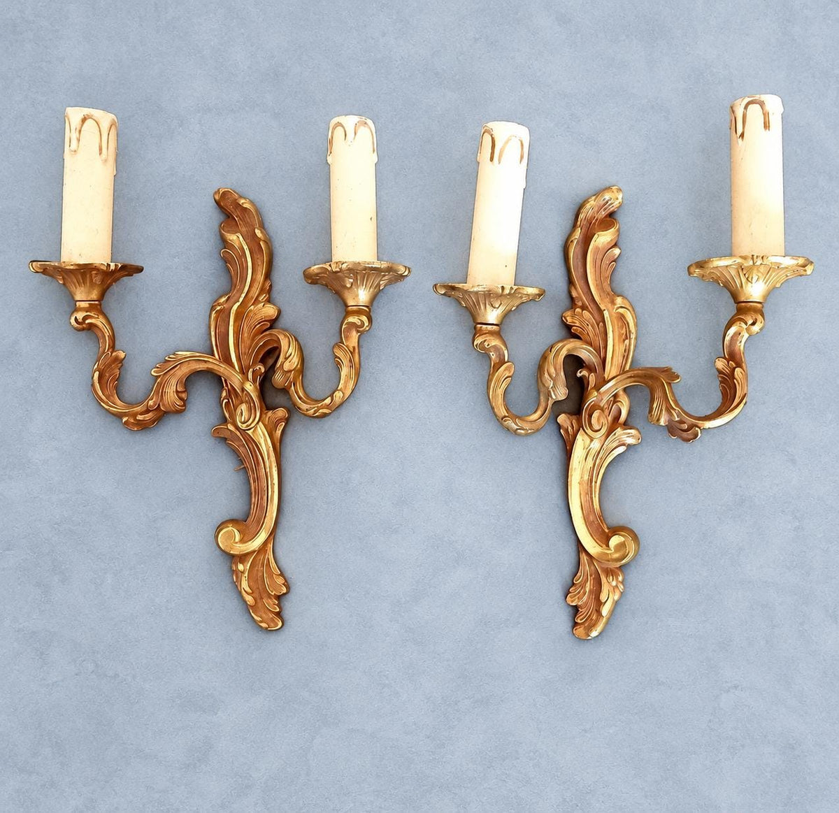 Pair of Gilt Louis XV Style Two-Arm Wall Sconces, Mirrored Acanthus Rocaille Design, Vintage