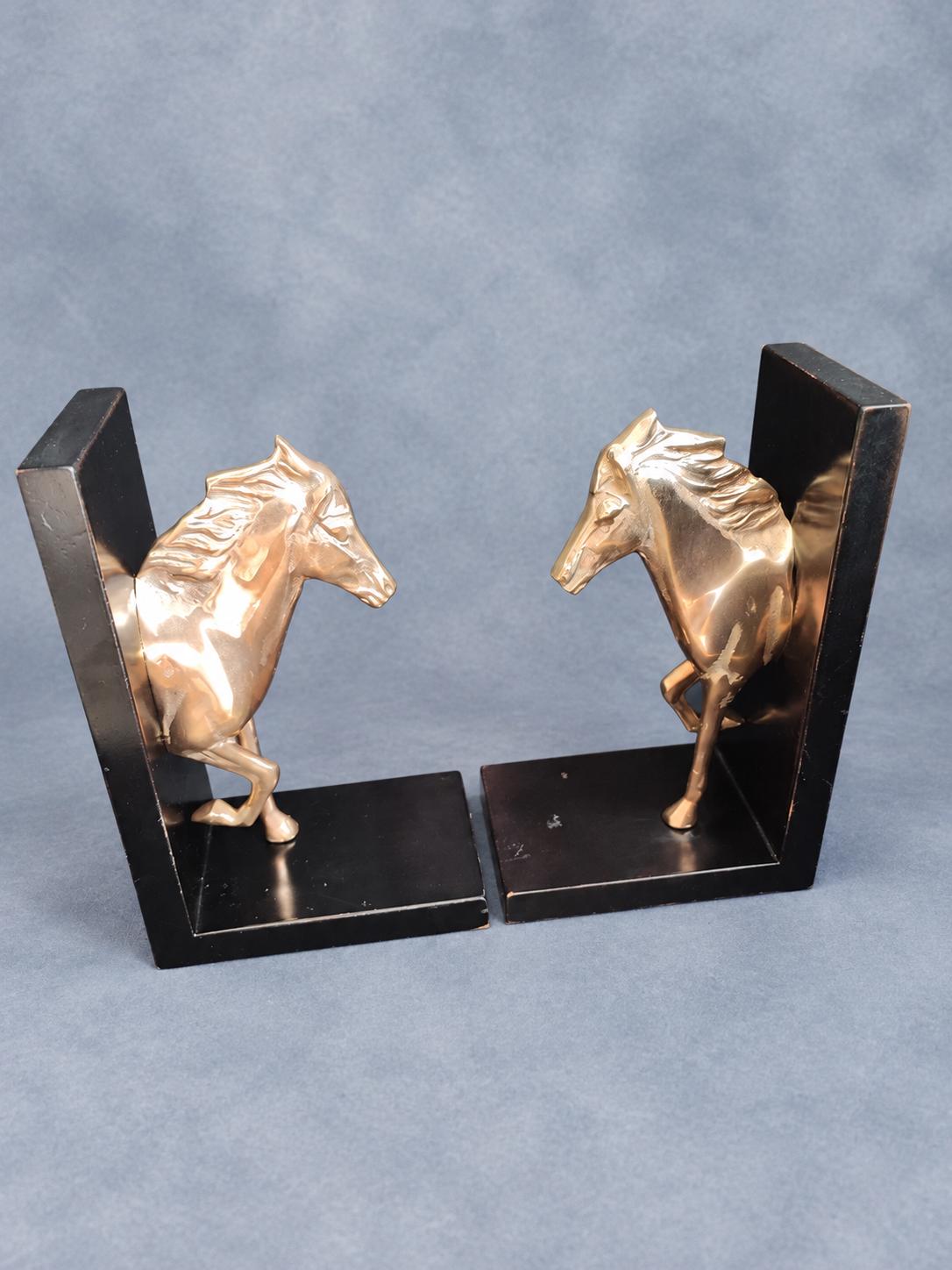 Pair of Horse Bookends, Gold-Tone Metal Horses on Black Bases, Equestrian Library Decor, 23 cm