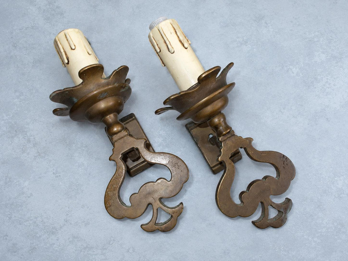 Vintage Pair of Patinated Metal Single-Light Wall Sconces, Pierced Spade-Shaped Body with Scalloped Drip Pans, Rustic Old World Wall Lights