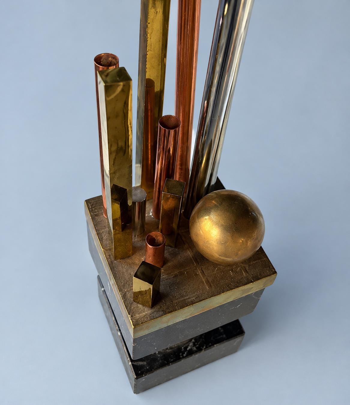 Vintage Geometric Modernist Desk Sculpture, Black Stone Blocks with Mixed Metal Rods, Trophy Style Skyline Form, 34 cm