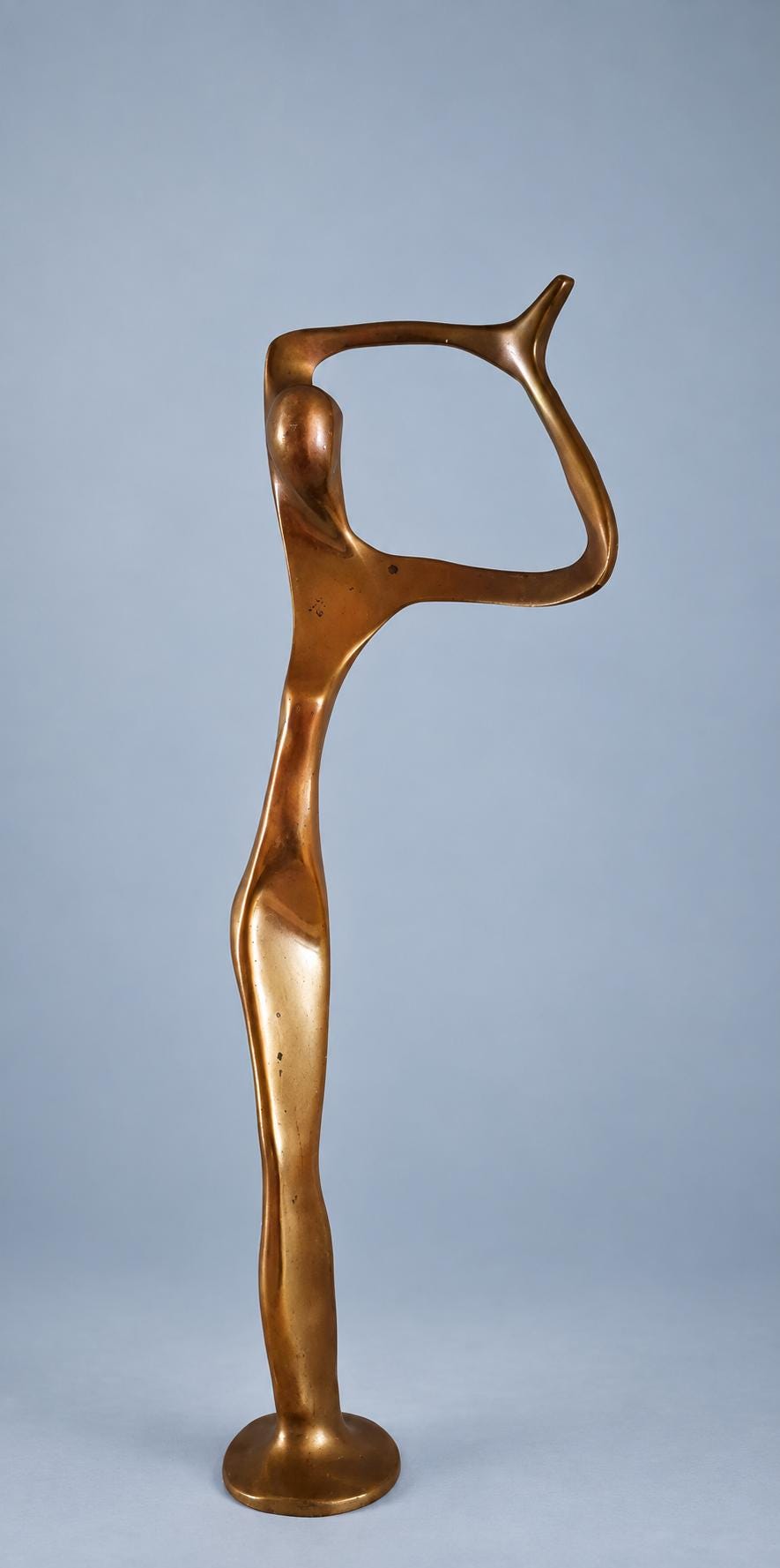 Vintage Modernist Abstract Figure Sculpture, Solid Gold-Tone Metal, Open Arm Loop, Elongated Form on Round Base, 32 cm