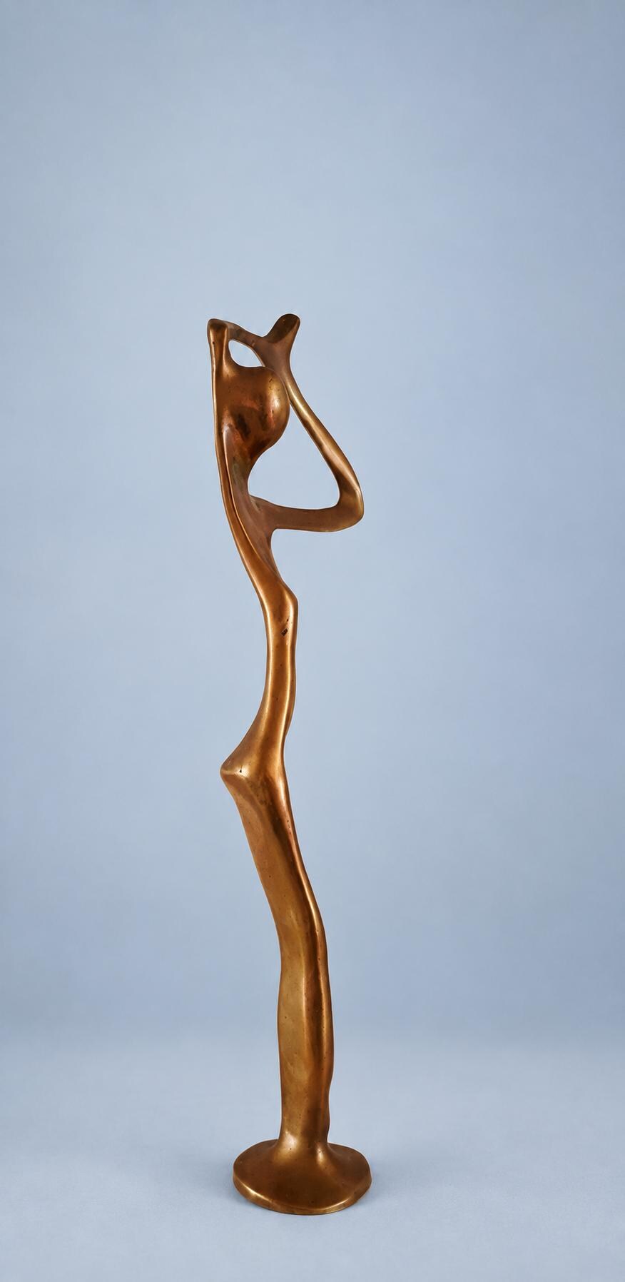 Vintage Modernist Abstract Figure Sculpture, Solid Gold-Tone Metal, Open Arm Loop, Elongated Form on Round Base, 32 cm