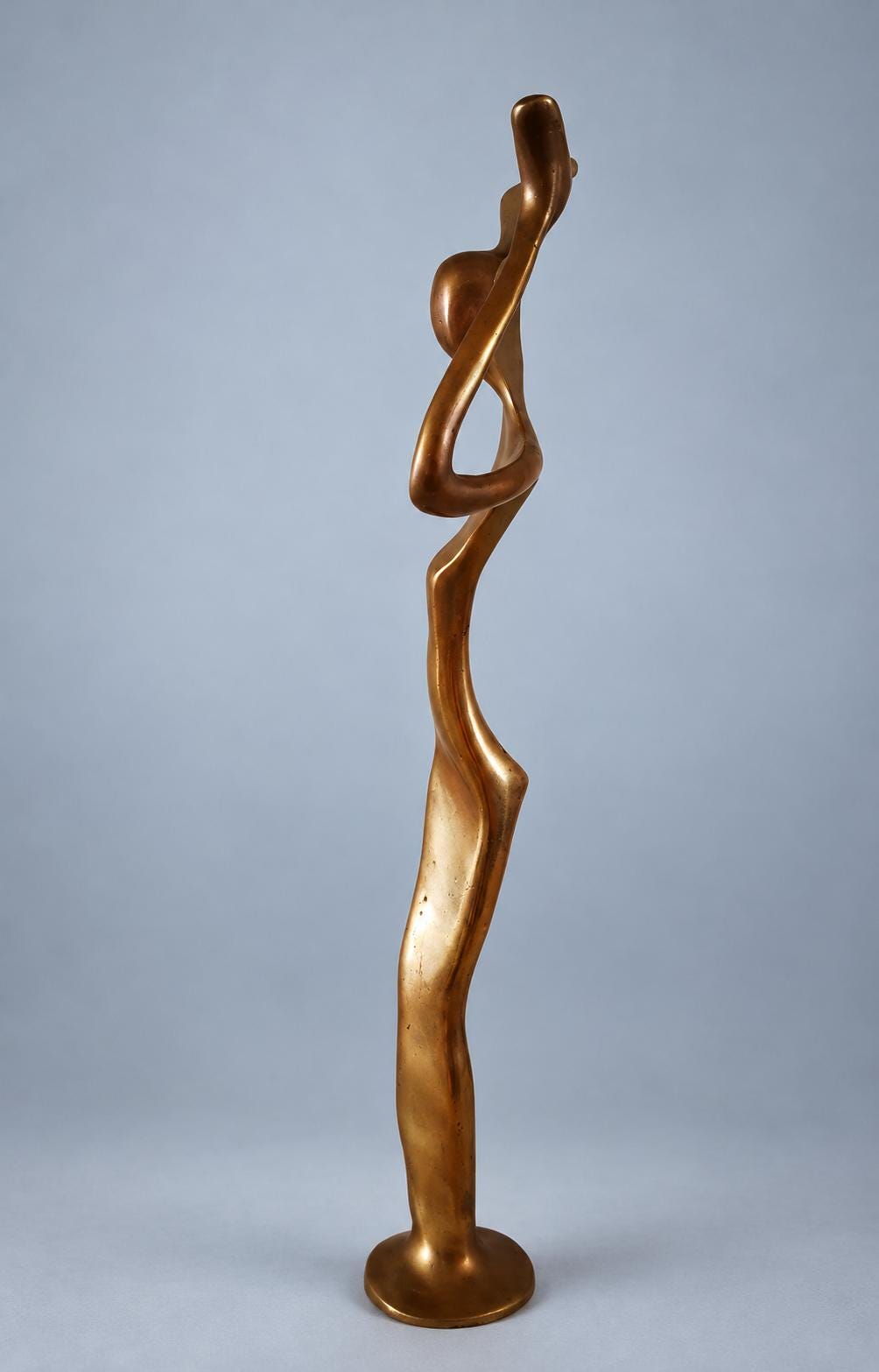 Vintage Modernist Abstract Figure Sculpture, Solid Gold-Tone Metal, Open Arm Loop, Elongated Form on Round Base, 32 cm