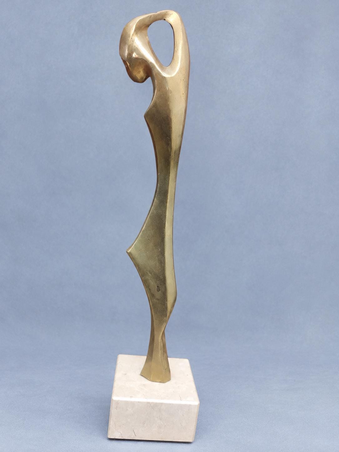 Vintage Modernist Female Figure Sculpture on Cream Stone Base, Gold-Tone Metal, Elongated Abstract Woman, 38 cm