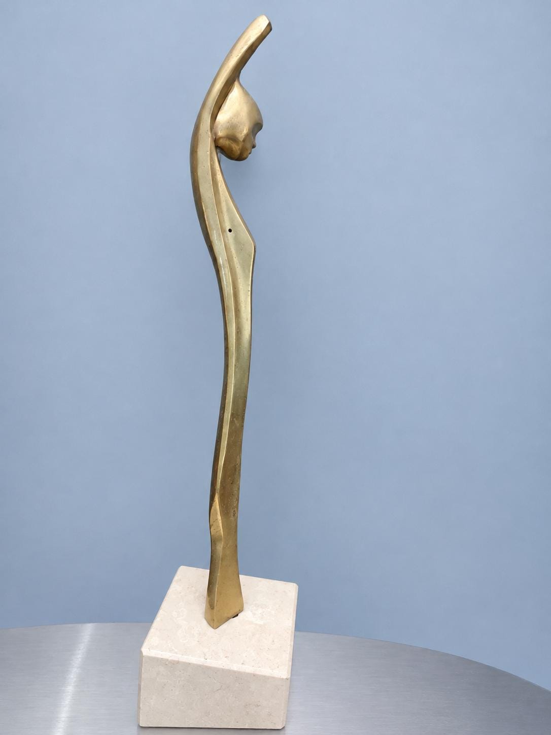 Vintage Modernist Female Figure Sculpture on Cream Stone Base, Gold-Tone Metal, Elongated Abstract Woman, 38 cm