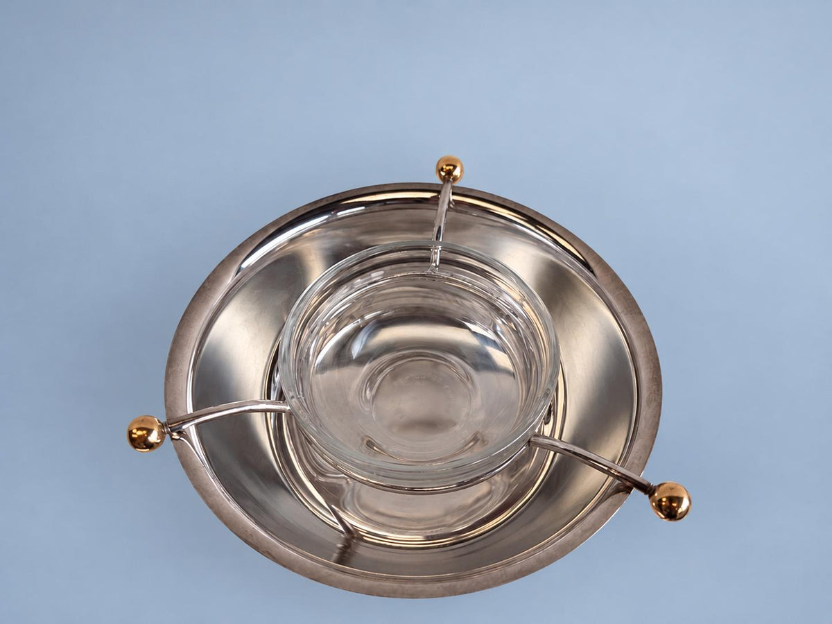 Caviar Server with Iced Bowl, Removable Three-Arm Holder and Glass Dish, Silver-Tone Footed Bowl with Gold-Tone Finials