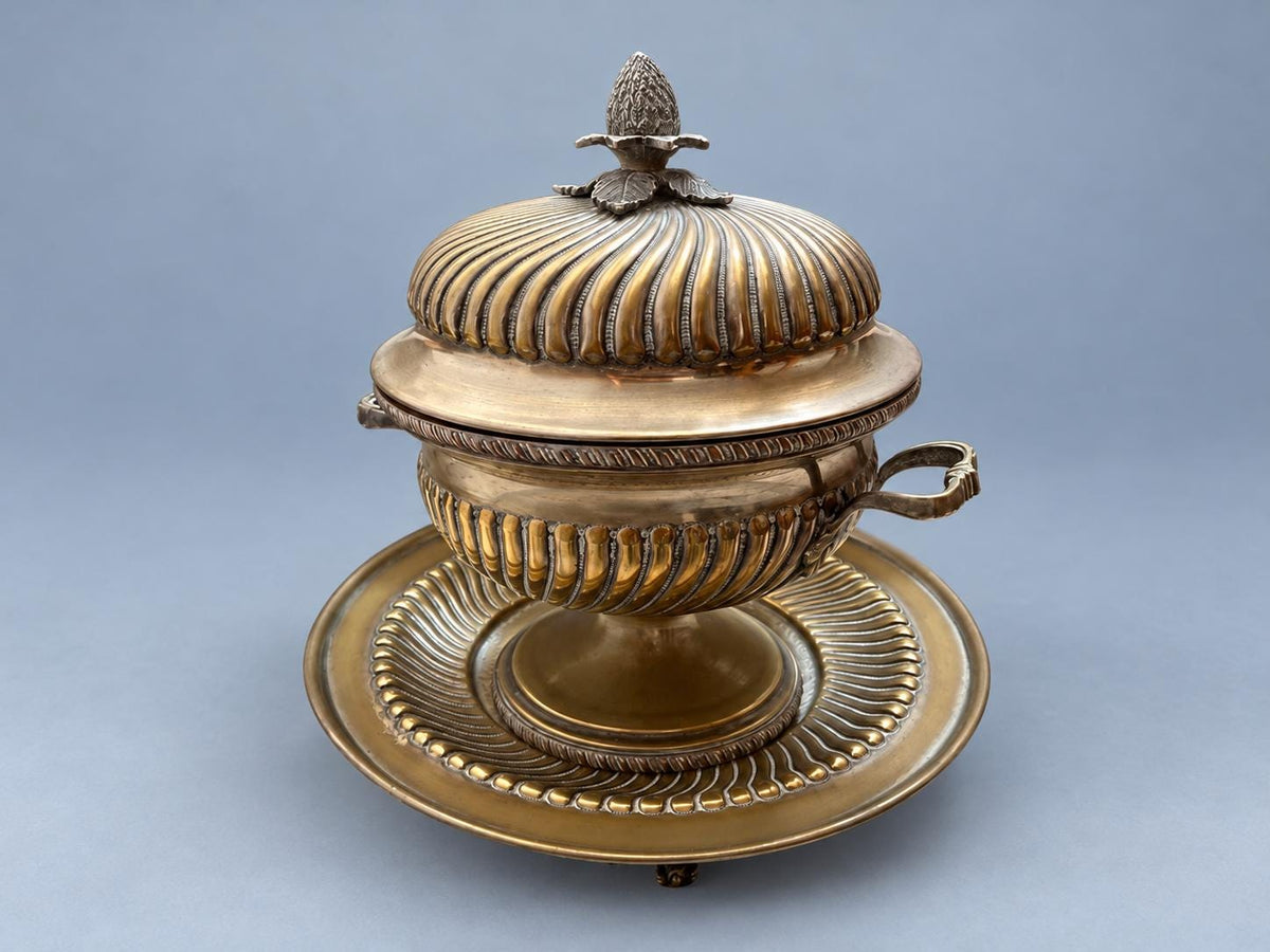 Vintage Silver-Plated Tureen and Footed Plate with Spiral Fluting and Pinecone Finial