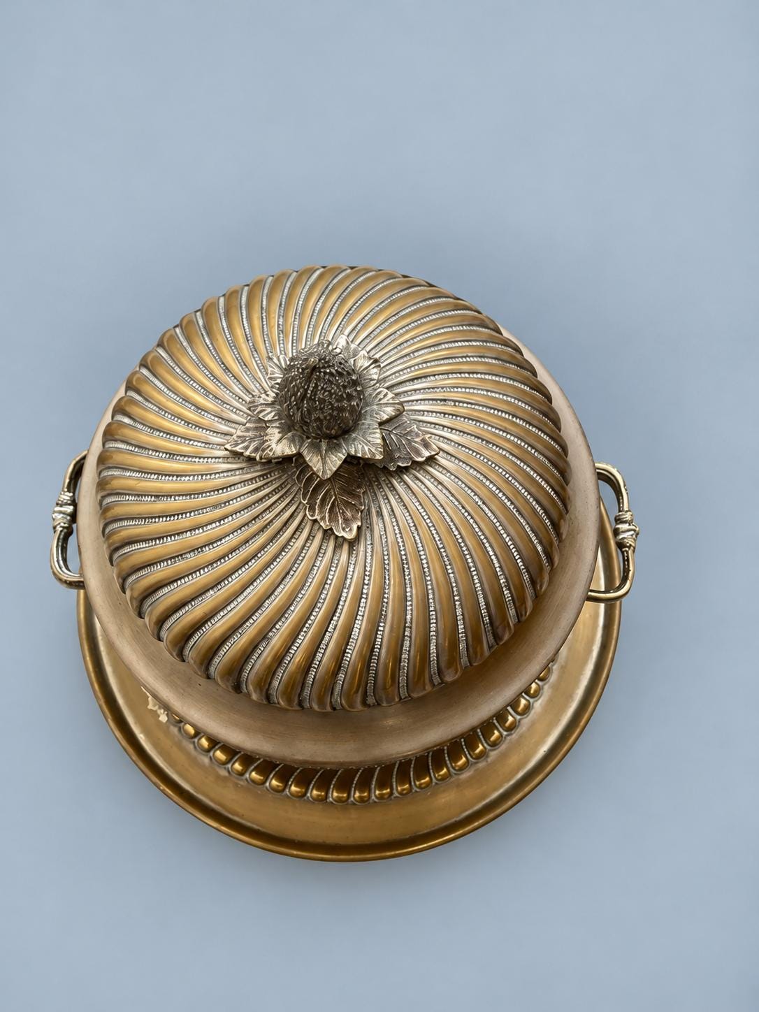 Vintage Silver-Plated Tureen and Footed Plate with Spiral Fluting and Pinecone Finial