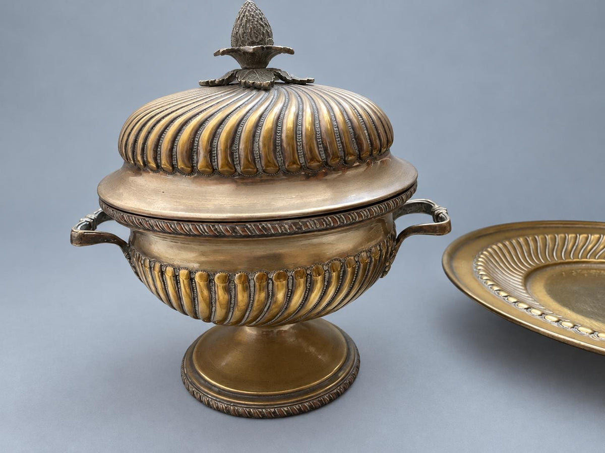 Vintage Silver-Plated Tureen and Footed Plate with Spiral Fluting and Pinecone Finial