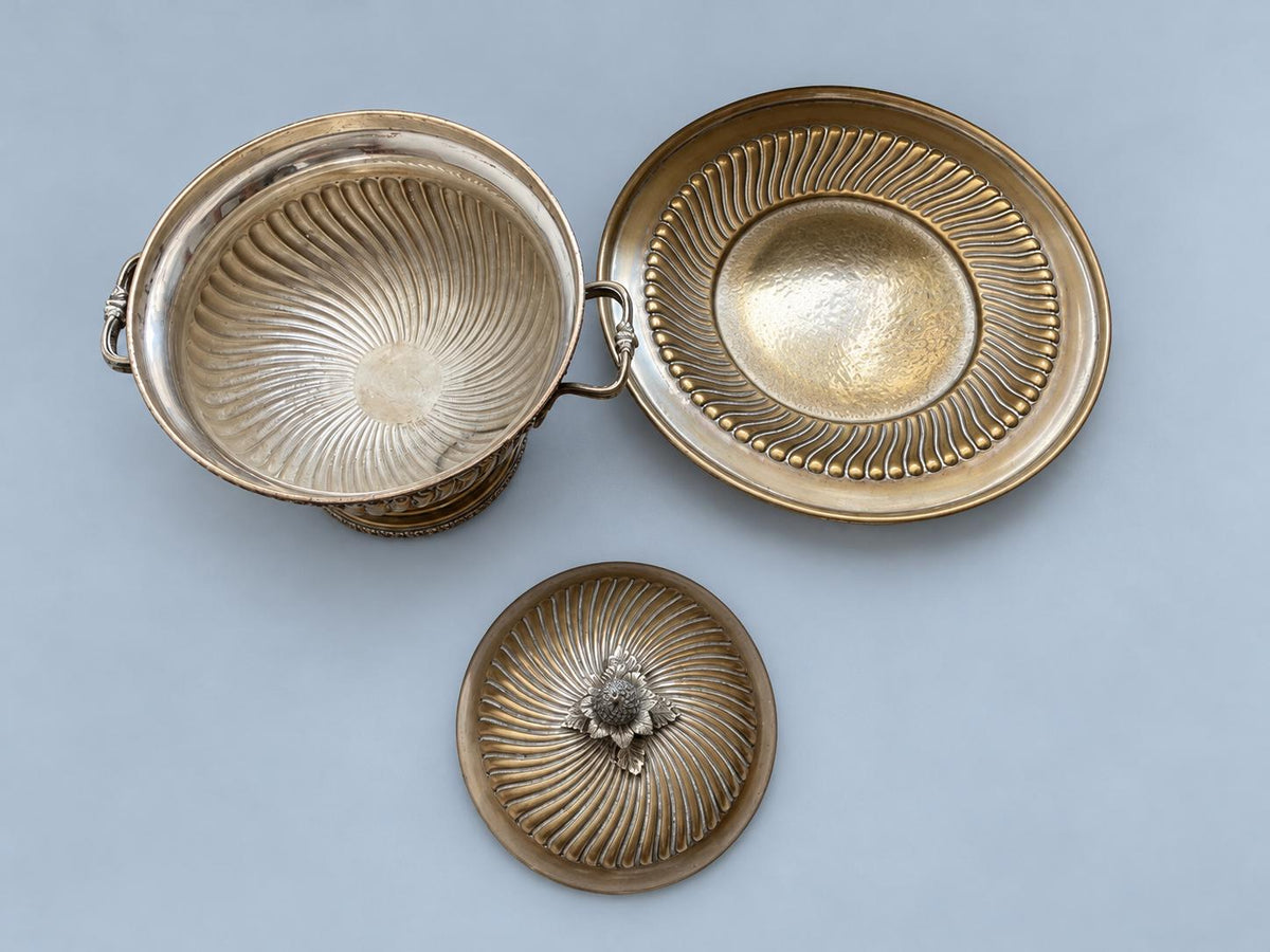 Vintage Silver-Plated Tureen and Footed Plate with Spiral Fluting and Pinecone Finial