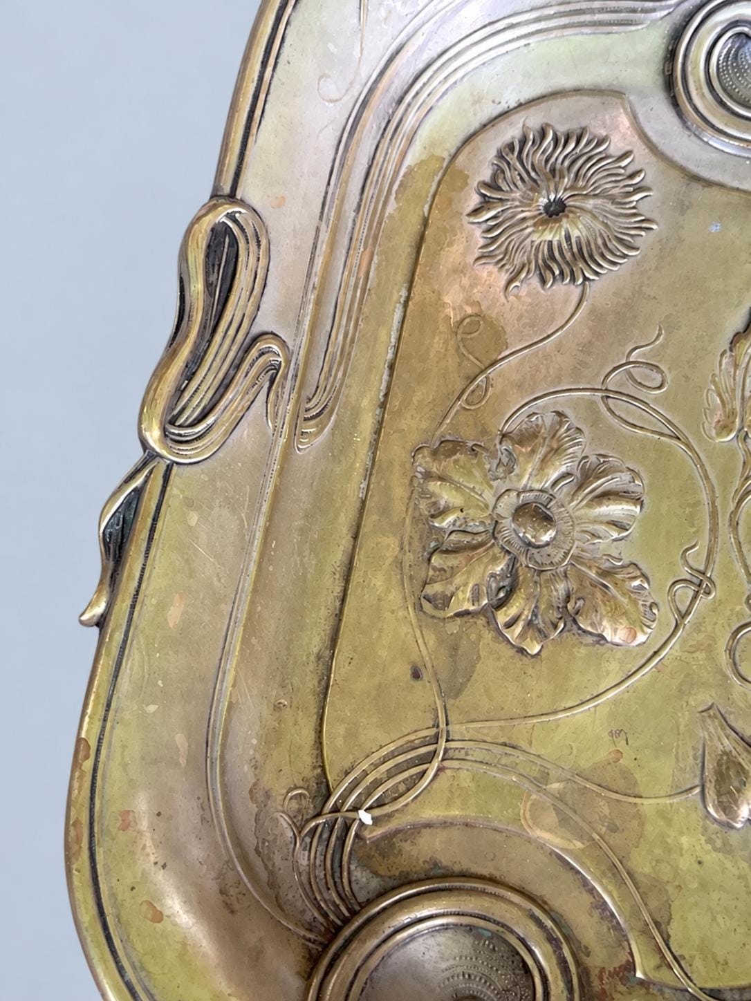 Vintage Art Nouveau Style Metal Tray with Poppy and Tendril Relief, Ribbon-Loop Handles, Patinated Finish, European Catchall Dish