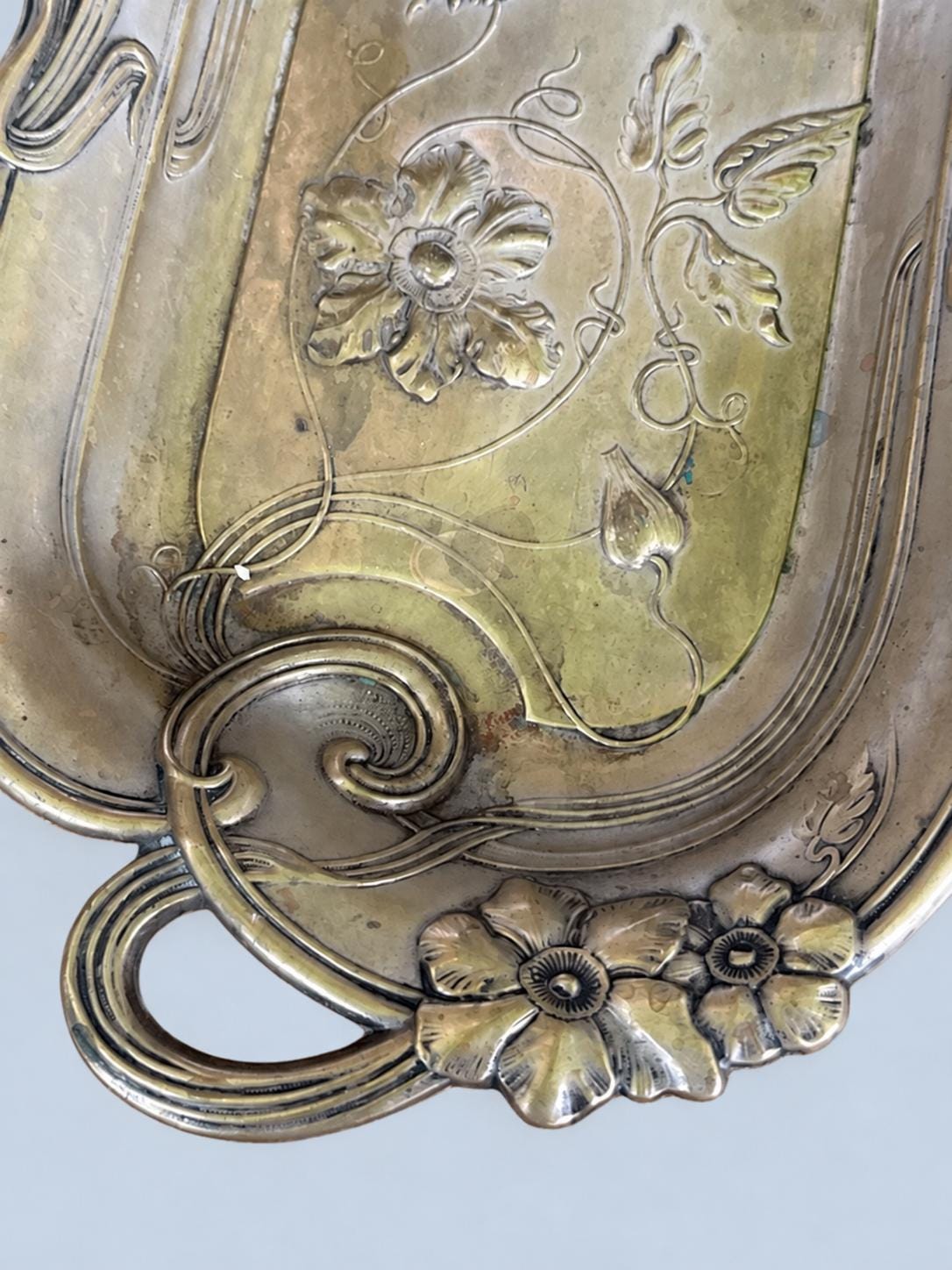 Vintage Art Nouveau Style Metal Tray with Poppy and Tendril Relief, Ribbon-Loop Handles, Patinated Finish, European Catchall Dish