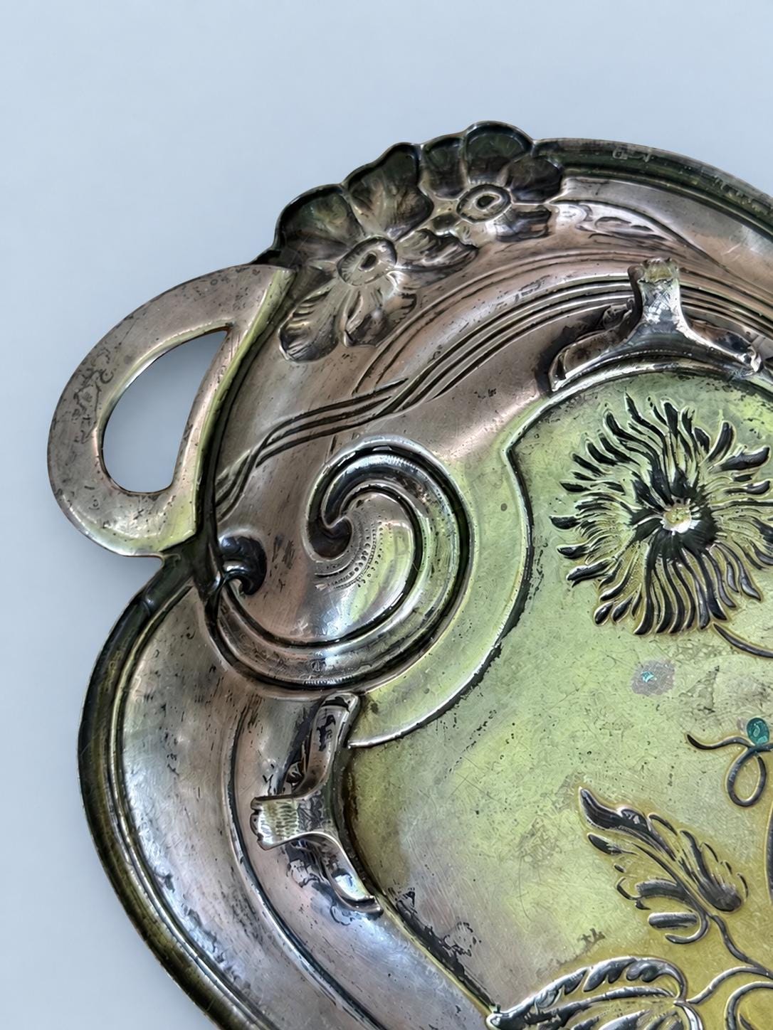 Vintage Art Nouveau Style Metal Tray with Poppy and Tendril Relief, Ribbon-Loop Handles, Patinated Finish, European Catchall Dish