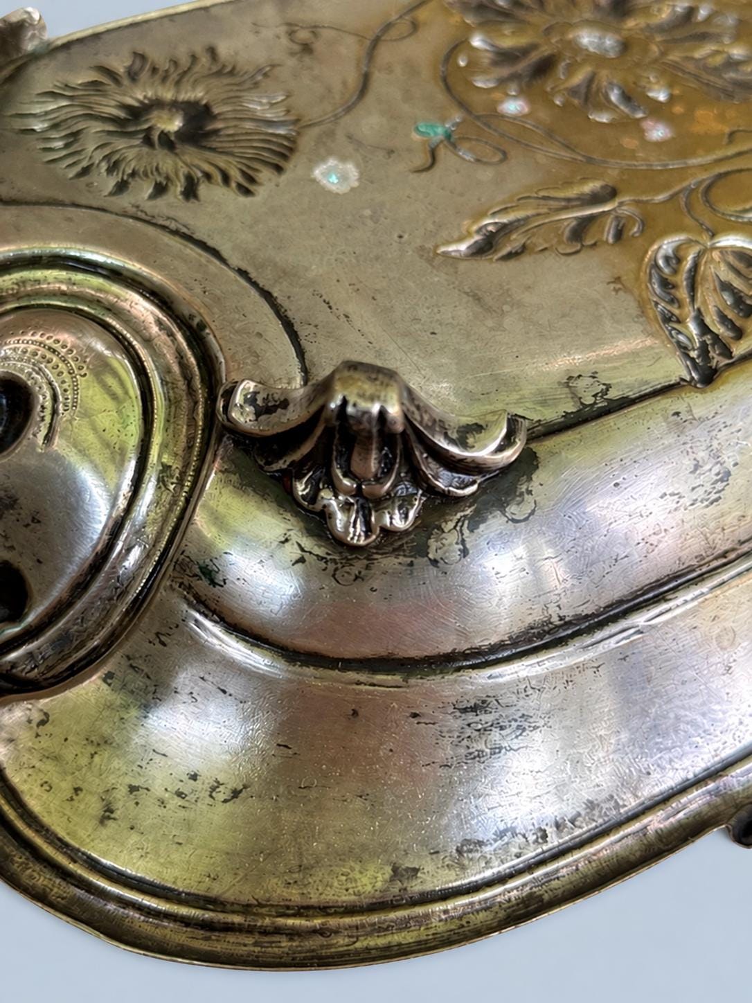 Vintage Art Nouveau Style Metal Tray with Poppy and Tendril Relief, Ribbon-Loop Handles, Patinated Finish, European Catchall Dish
