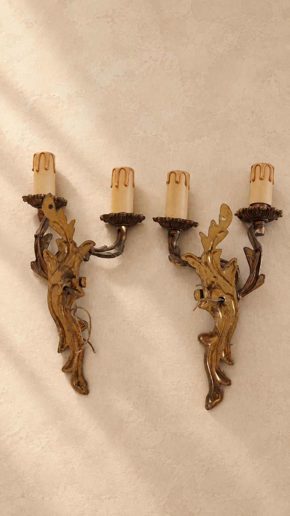Vintage Mirror-Image Wall Sconce Pair, Gold-Tone Interlaced Leaf Scrolls, Shell Dishes and Cream Candle Covers, 30 cm