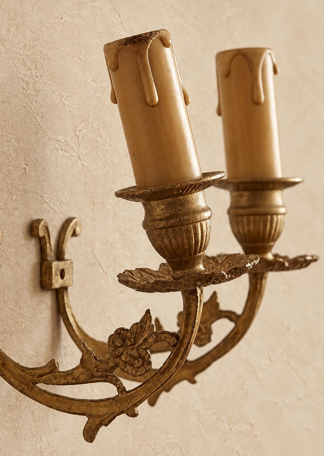 Vintage Pair of Louis XV Style Two-Light Wall Sconces, Gilt Brass with Openwork Floral Scroll Arms and Leafy Drip Pans, French Wall Lights