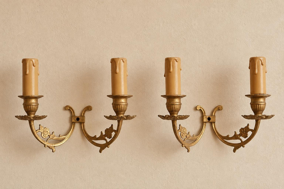 Vintage Pair of Louis XV Style Two-Light Wall Sconces, Gilt Brass with Openwork Floral Scroll Arms and Leafy Drip Pans, French Wall Lights