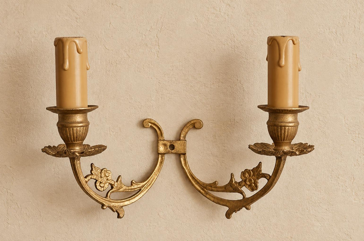 Vintage Pair of Louis XV Style Two-Light Wall Sconces, Gilt Brass with Openwork Floral Scroll Arms and Leafy Drip Pans, French Wall Lights