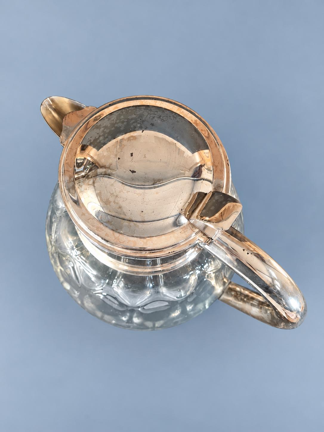Vintage Molded Glass Pitcher with Silver-Plated Lid and Handle, 28 cm