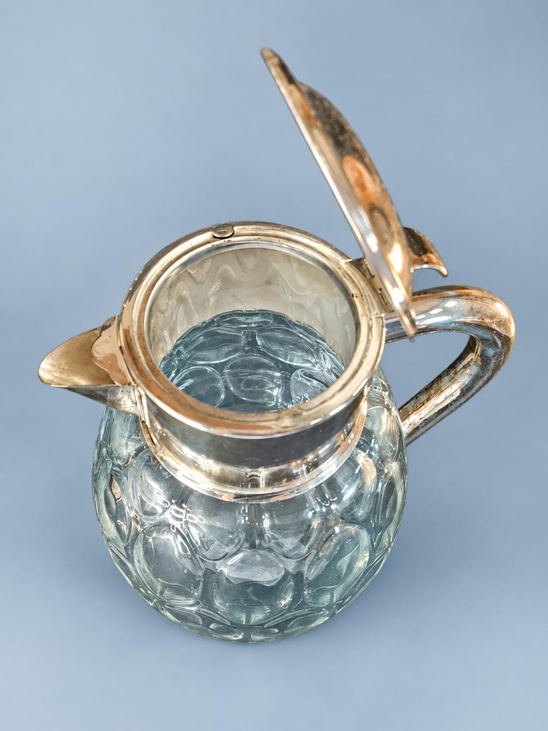 Vintage Molded Glass Pitcher with Silver-Plated Lid and Handle, 28 cm