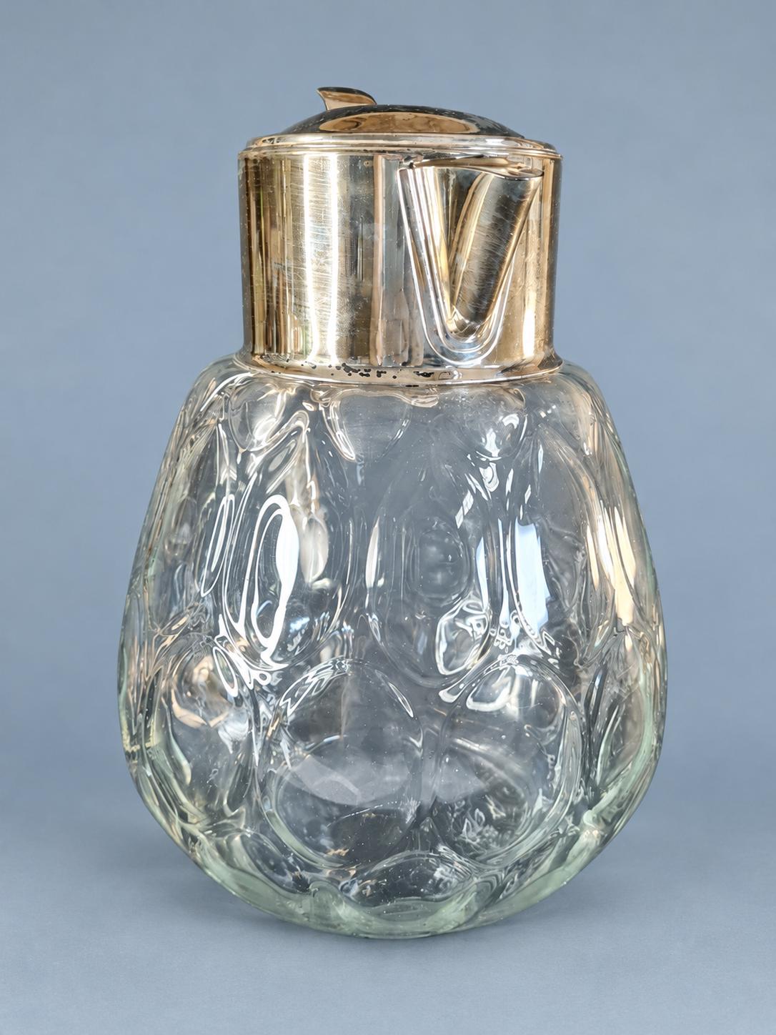Vintage Molded Glass Pitcher with Silver-Plated Lid and Handle, 28 cm