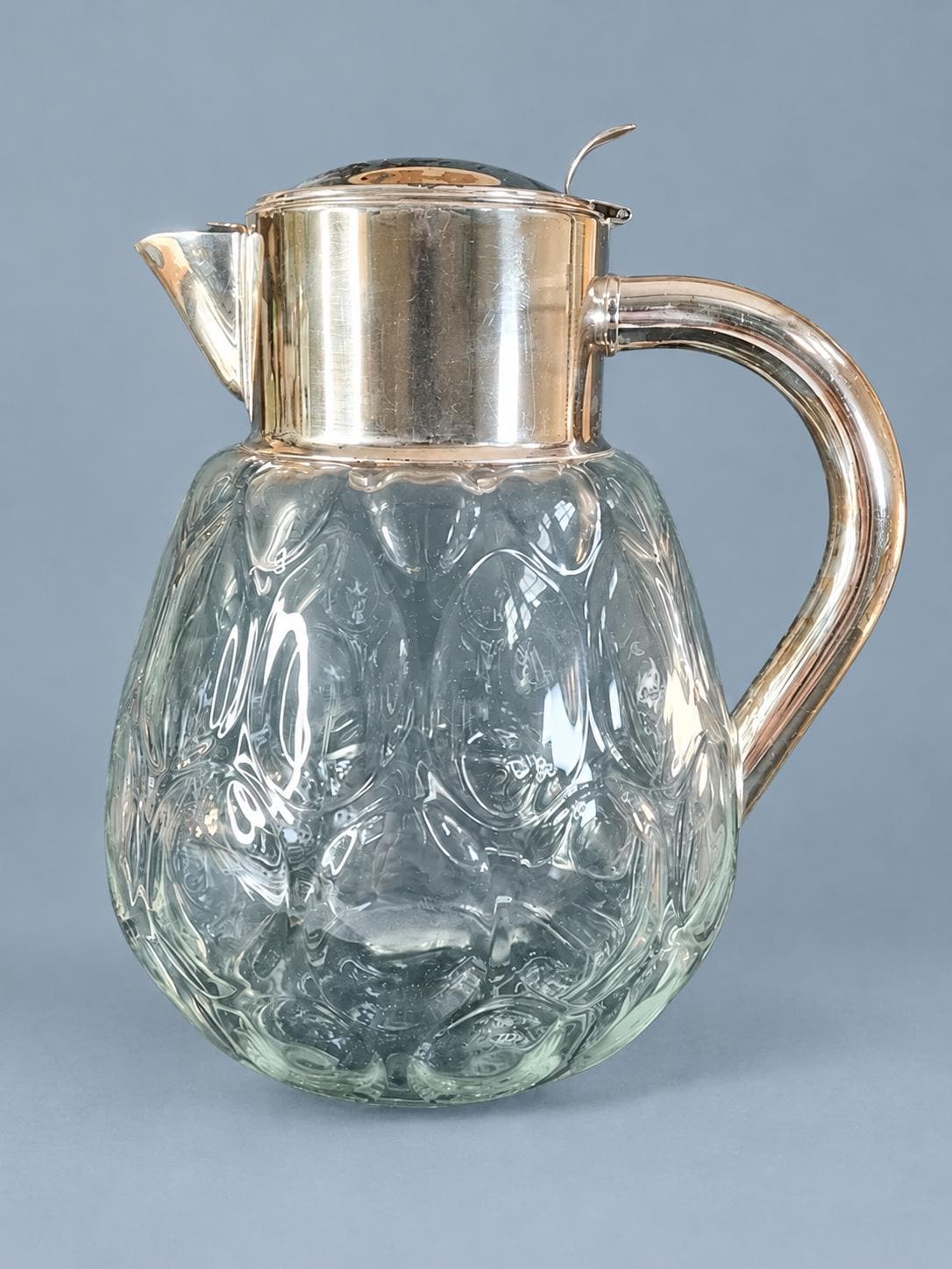 Vintage Molded Glass Pitcher with Silver-Plated Lid and Handle, 28 cm