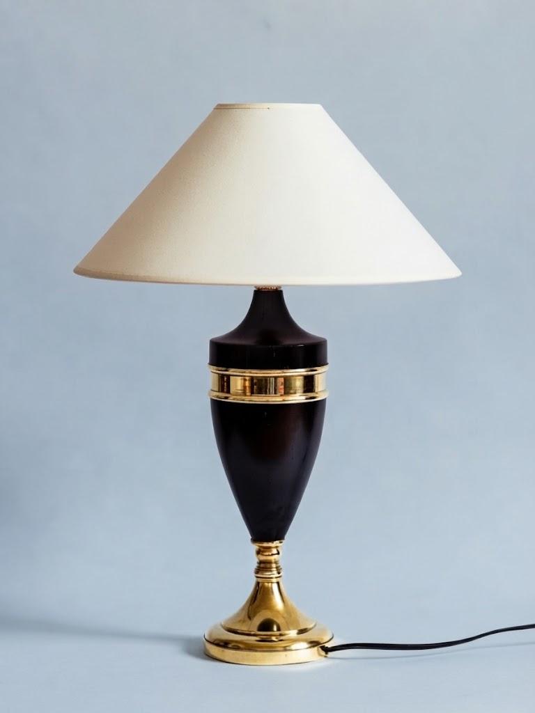 1960s Black Lacquered Metal Urn Table Lamp Base with Brass Band, Vintage Neoclassical Light