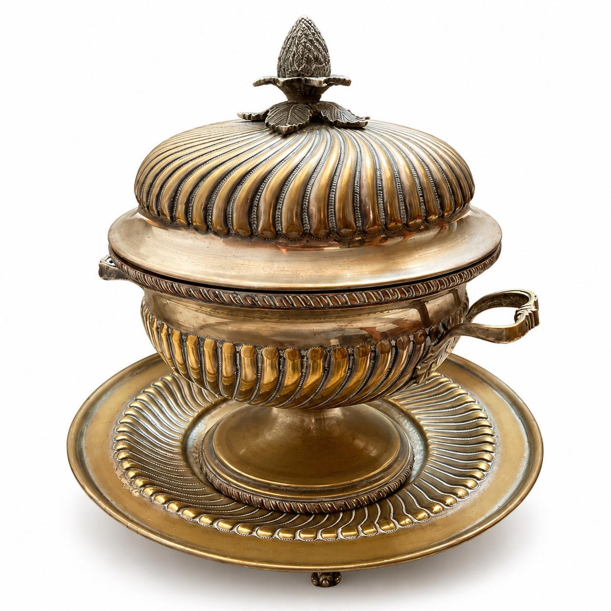 Vintage Silver-Plated Tureen and Footed Plate with Spiral Fluting and Pinecone Finial
