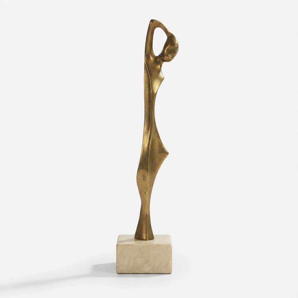 Vintage Modernist Female Figure Sculpture on Cream Stone Base, Gold-Tone Metal, Elongated Abstract Woman, 38 cm