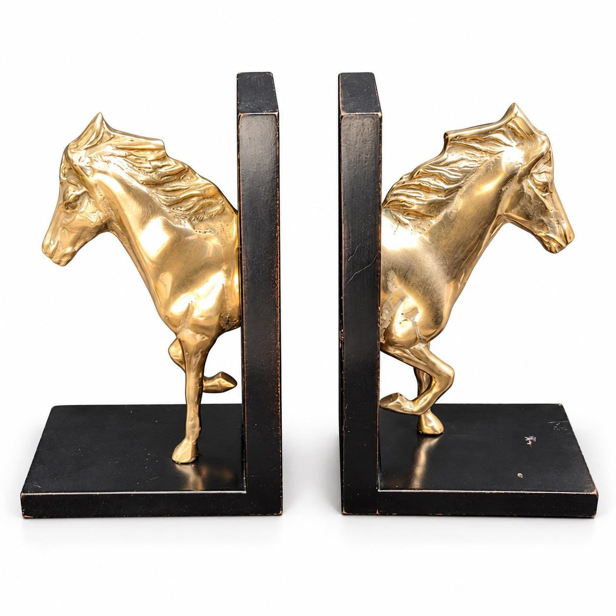 Pair of Horse Bookends, Gold-Tone Metal Horses on Black Bases, Equestrian Library Decor, 23 cm