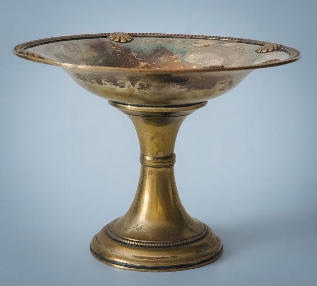 Vintage Neoclassical Style Footed Tazza, Patinated Metal Pedestal Dish with Shell Motifs and Beaded Borders, 21 cm
