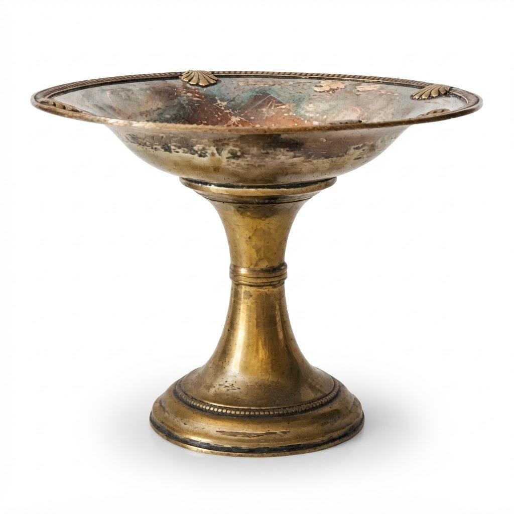 Vintage Neoclassical Style Footed Tazza, Patinated Metal Pedestal Dish with Shell Motifs and Beaded Borders, 21 cm