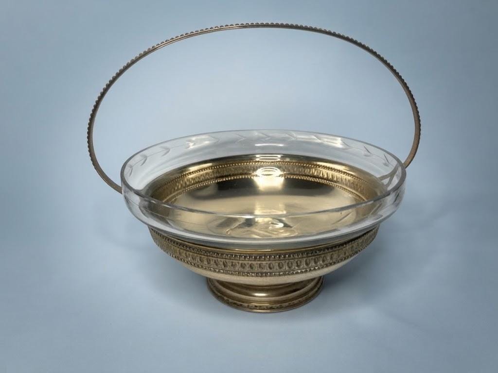 Vintage Handled Fruit Bowl, Attributed c. 1940s, Engraved Glass Liner in Silver-Tone Metal Frame with Classical Frieze, 23 cm