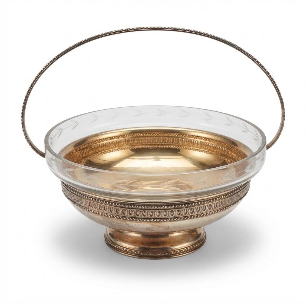Vintage Handled Fruit Bowl, Attributed c. 1940s, Engraved Glass Liner in Silver-Tone Metal Frame with Classical Frieze, 23 cm
