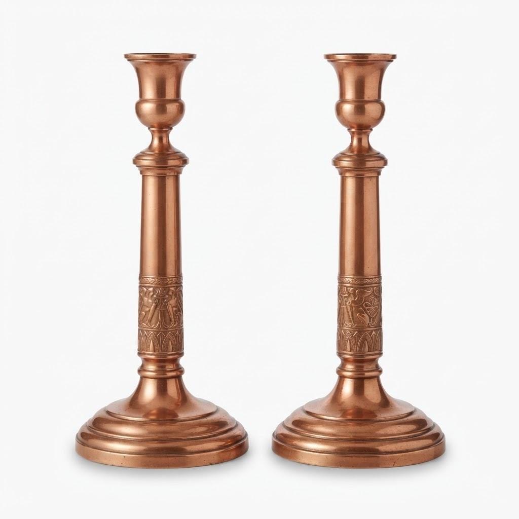 Vintage Pair of Empire Style Candlesticks, Copper-Tone Metal with Figural Relief Band, Urn Candle Cups, 27.5 cm