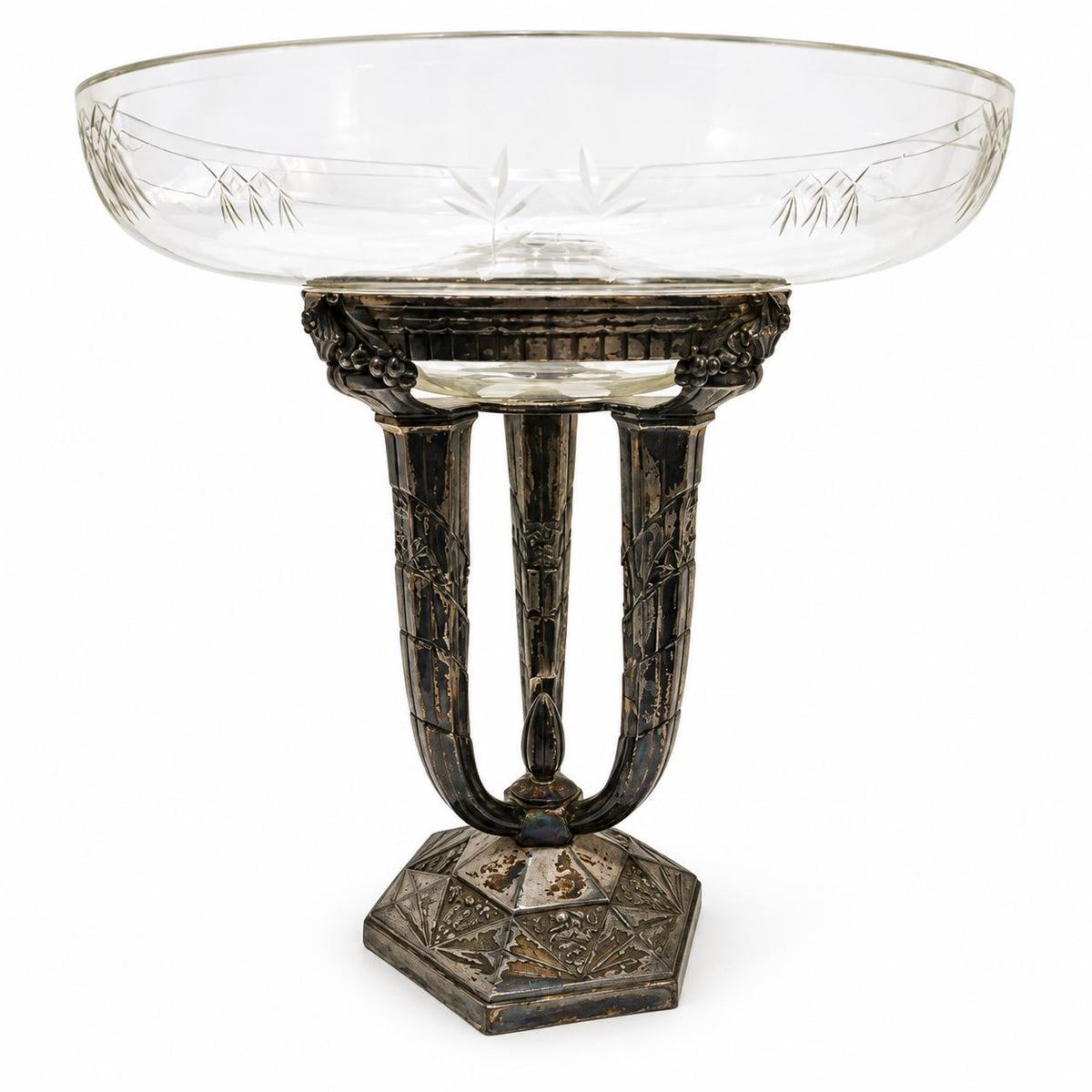 Vintage Art Deco Tripod Centerpiece, Engraved Glass Bowl on Silver-Tone Metal Stand with Floral Relief, 30 cm