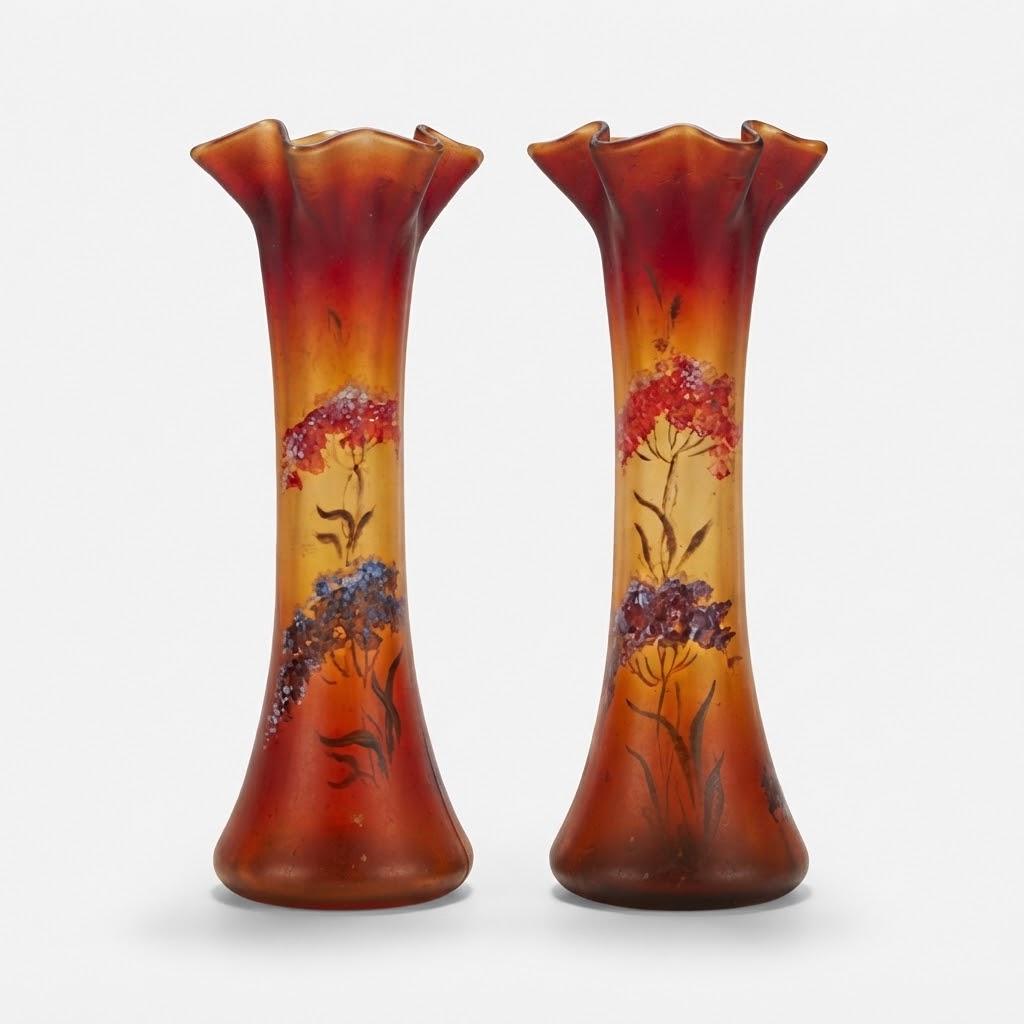 Vintage Pair of Art Nouveau Style Glass Vases, Attributed c. 1900, Amber to Red Frosted Glass with Painted Flowers, 20 cm
