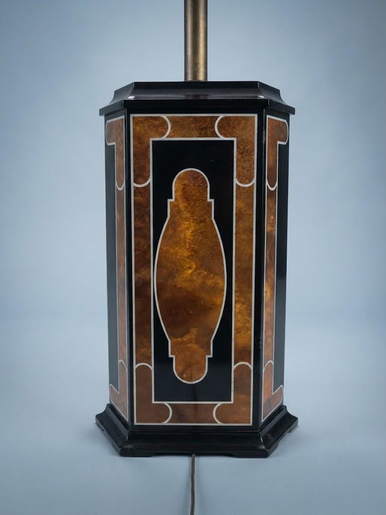 Vintage Hollywood Regency Style Lacquered Table Lamp, Attributed 1970s, Black and Amber Panels, Sold Without Shade, 45 cm