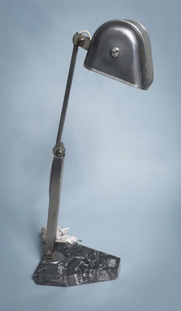 Art Deco Articulated Metal Desk Lamp, Black Veined Marble Base, Adjustable Hood, 1930s–40s Attribution