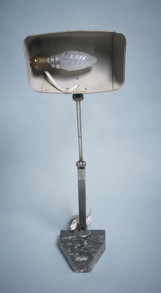 Art Deco Articulated Metal Desk Lamp, Black Veined Marble Base, Adjustable Hood, 1930s–40s Attribution