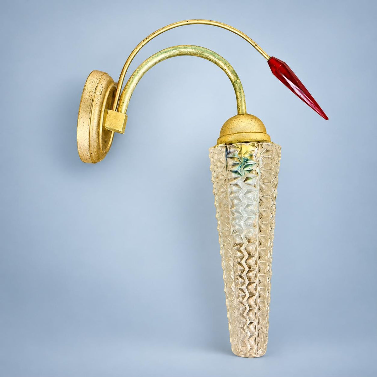 Vintage Gilt Metal Wall Sconce, Attributed 1970s–80s, Pressed Glass Tulip Shade with Red Faceted Drop, 32 cm
