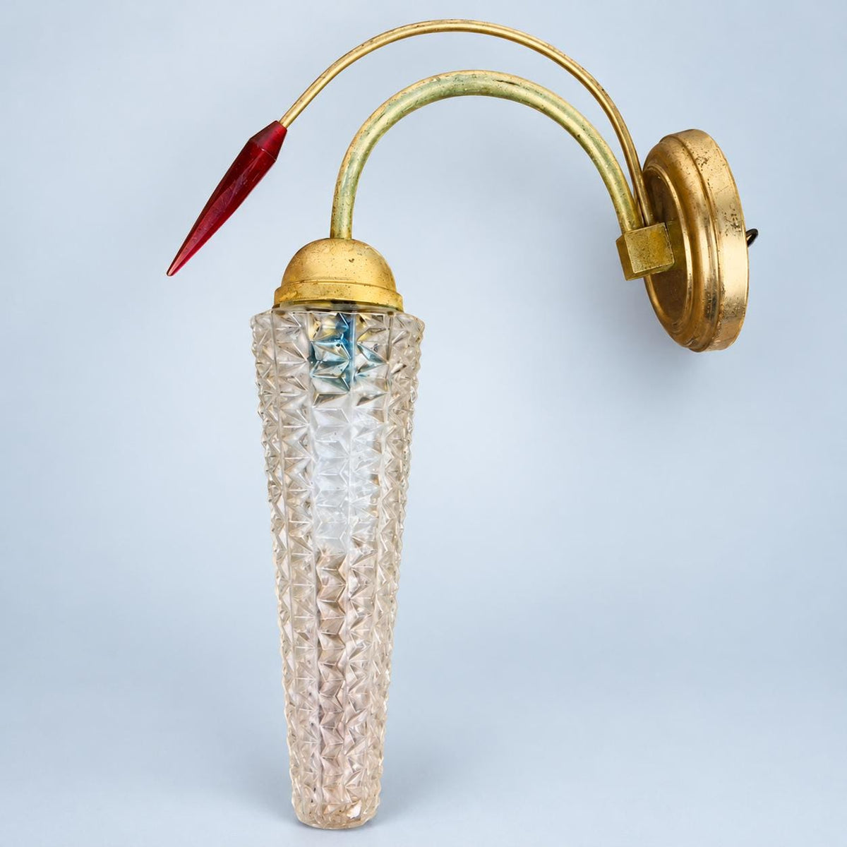 Vintage Gilt Metal Wall Sconce, Attributed 1970s–80s, Pressed Glass Tulip Shade with Red Faceted Drop, 32 cm