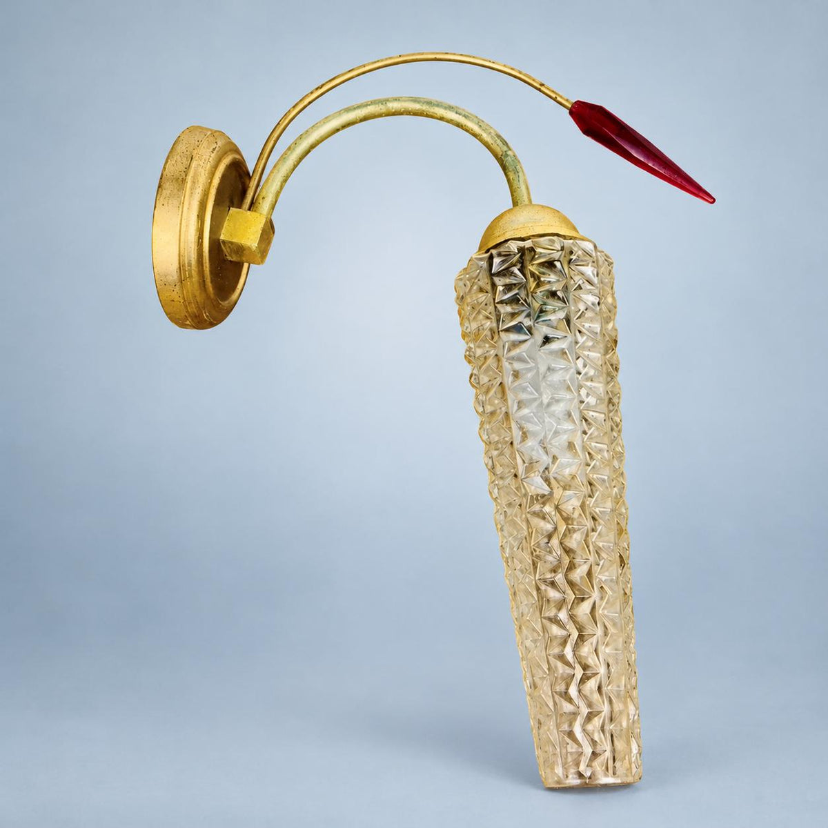 Vintage Gilt Metal Wall Sconce, Attributed 1970s–80s, Pressed Glass Tulip Shade with Red Faceted Drop, 32 cm
