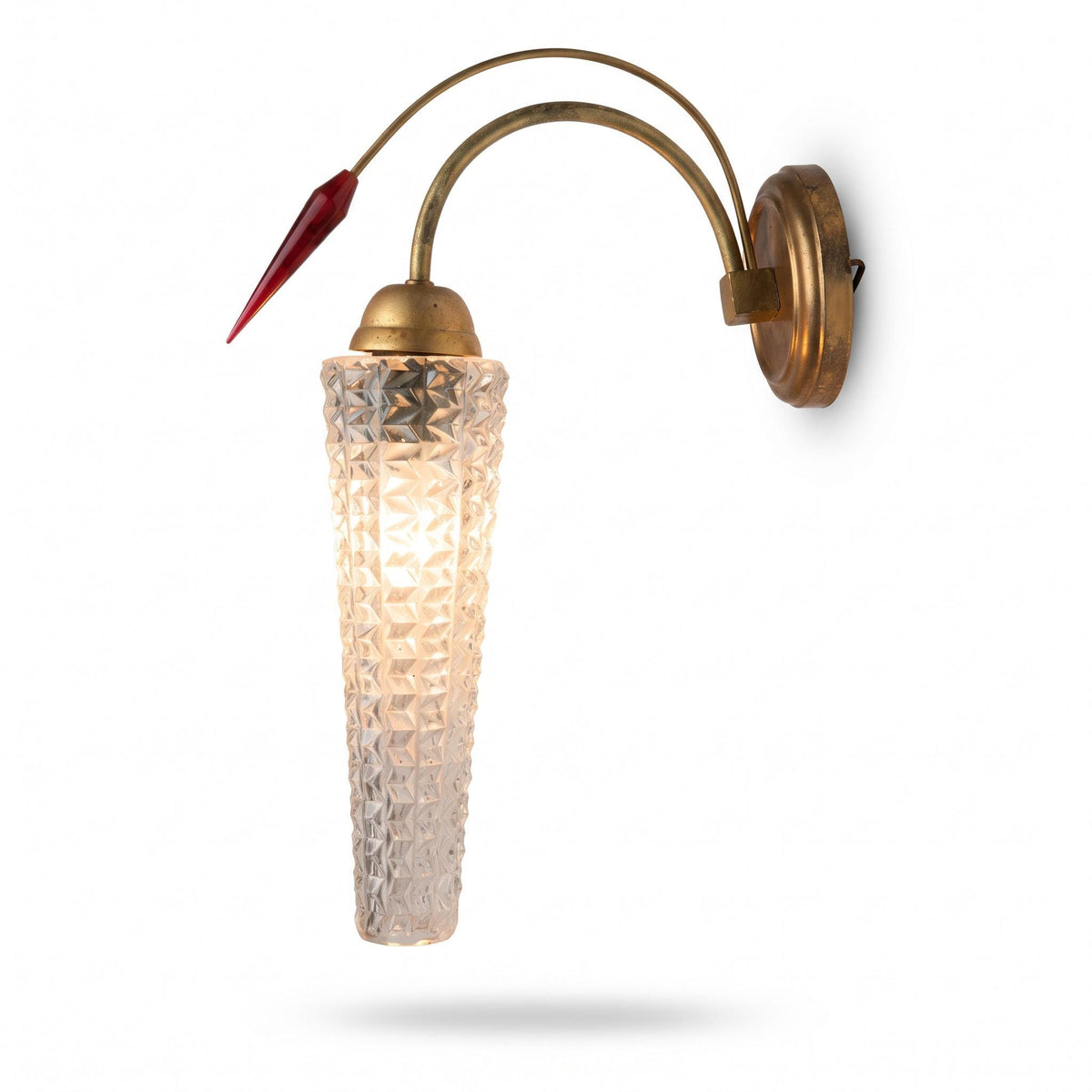 Vintage Gilt Metal Wall Sconce, Attributed 1970s–80s, Pressed Glass Tulip Shade with Red Faceted Drop, 32 cm