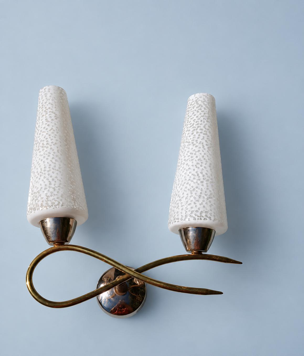 Vintage Double Wall Sconce, Attributed 1950s–60s, Looping Gilt Metal Arms with White Textured Glass Cone Shades, 32 cm