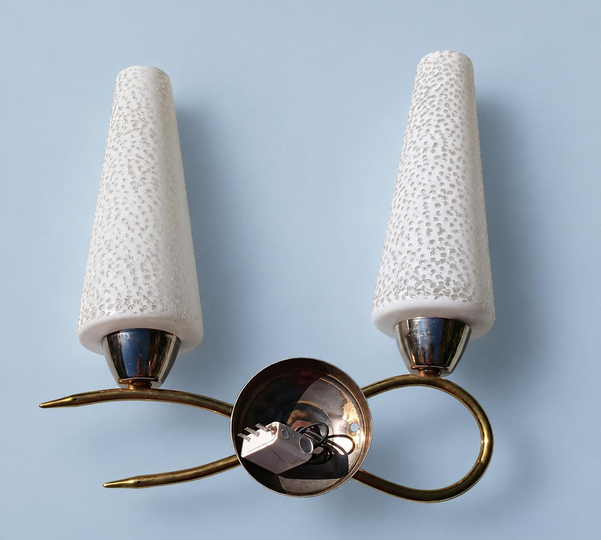 Vintage Double Wall Sconce, Attributed 1950s–60s, Looping Gilt Metal Arms with White Textured Glass Cone Shades, 32 cm