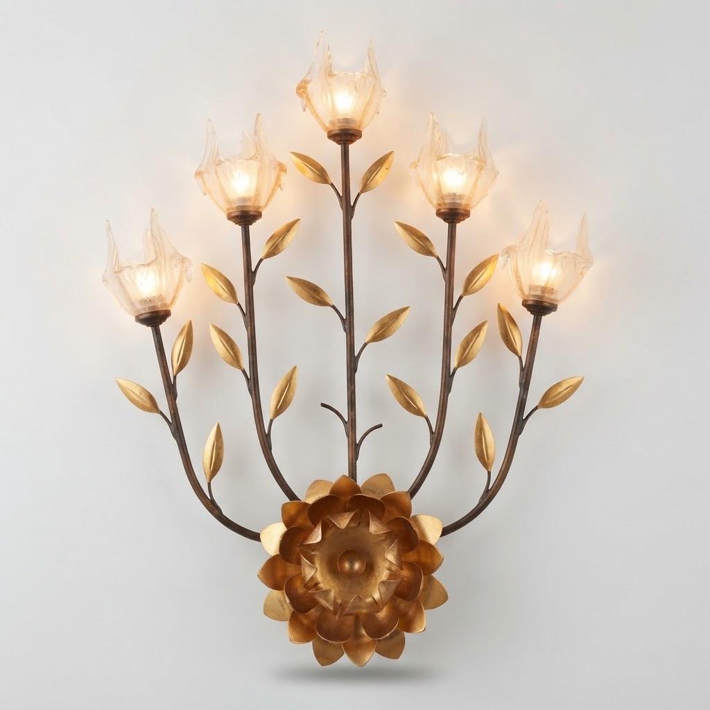 Vintage Five-Light Floral Wall Sconce, Florentine Hollywood Regency Style, Gilt Leaves and Textured Glass Tulips, 58 cm
