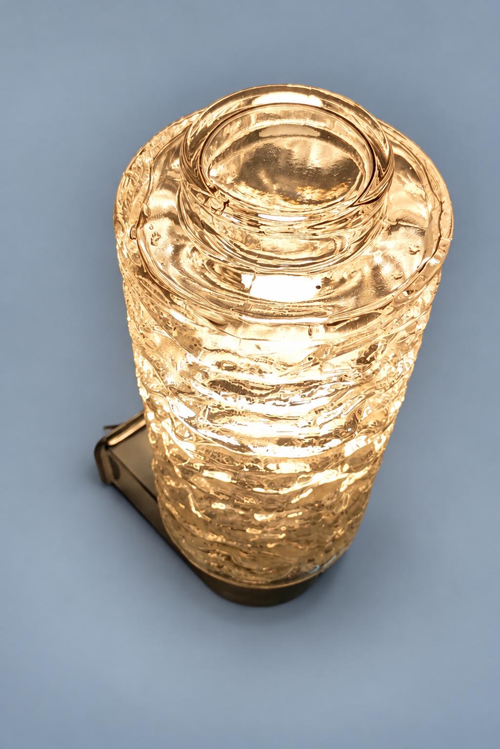 Vintage Pair of Ice Glass Wall Sconces, Attributed 1970s, Chrome-Finish Metal with Textured Clear Glass Shades, 20 cm