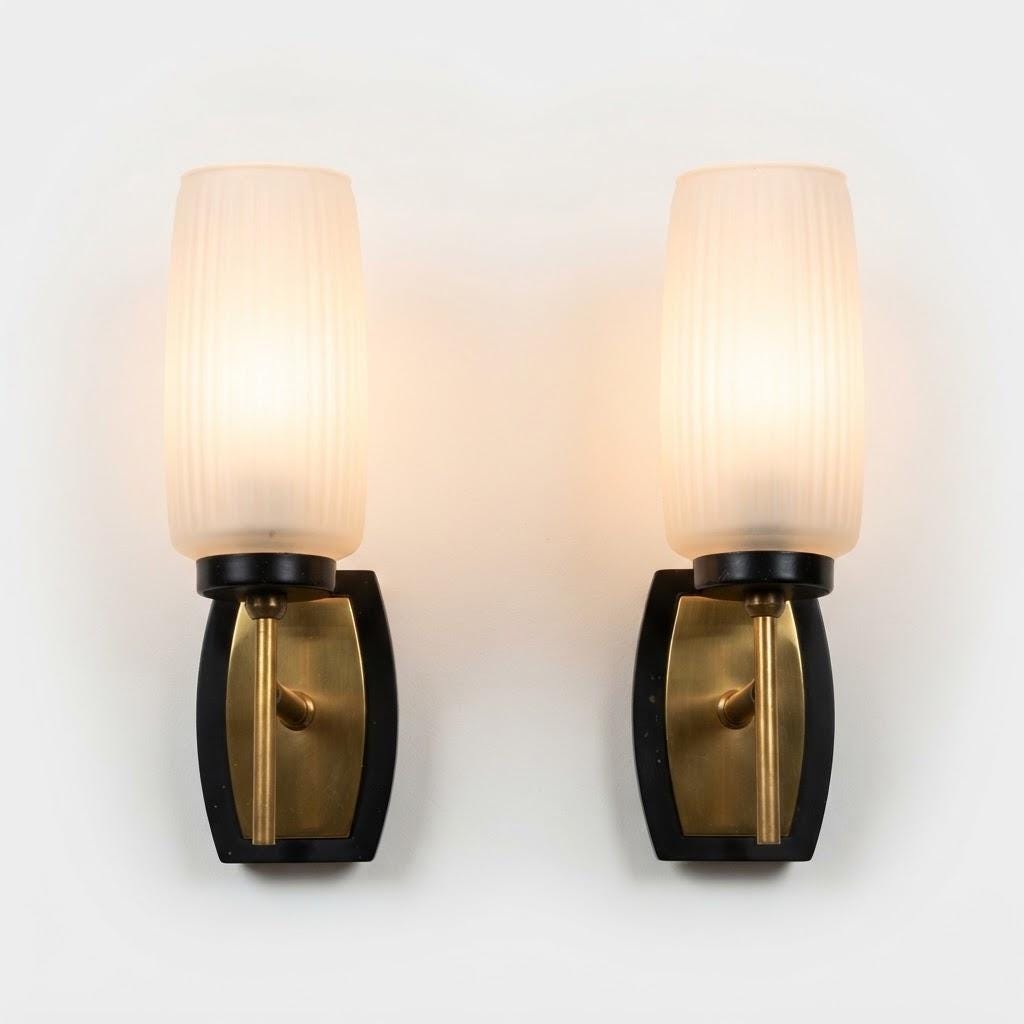 Vintage Pair of Mid-Century Wall Sconces, Brass and Black Metal with Frosted Ribbed Glass Shades, 24 cm