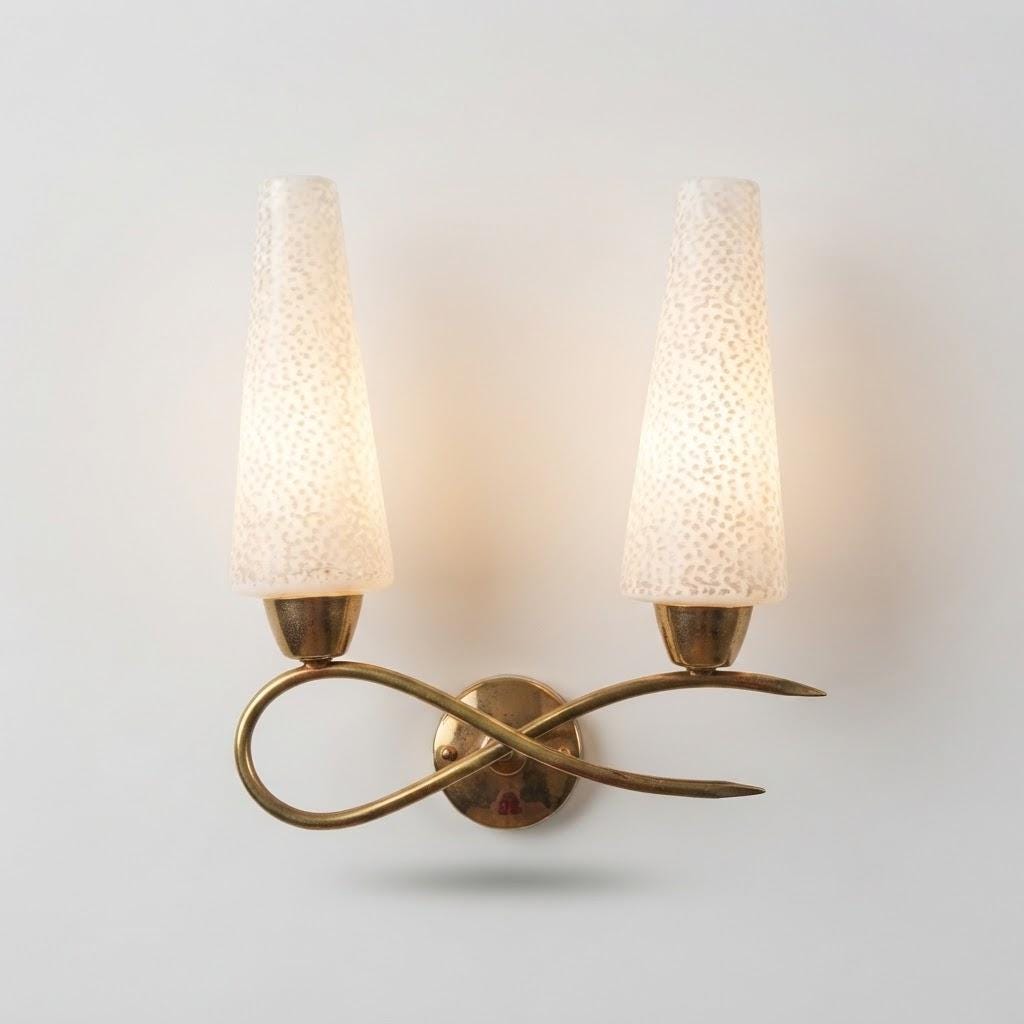 Vintage Double Wall Sconce, Attributed 1950s–60s, Looping Gilt Metal Arms with White Textured Glass Cone Shades, 32 cm